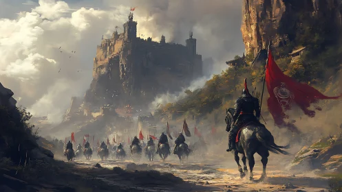 Armored cavalry column approaches cliffside fortress in mist