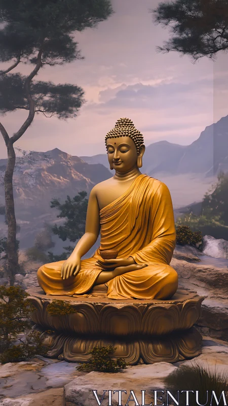 Golden Buddha statue sits on lotus pedestal in rocky landscape