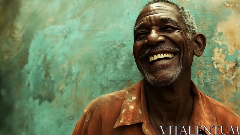 Joyful elderly man laughs against weathered teal wall.