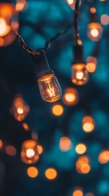 Hanging string lights glow warmly against a deep teal dusk