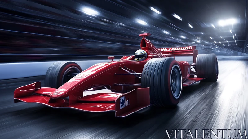Red Formula race car charging through illuminated night circuit.