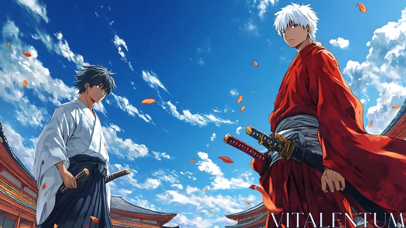 Two samurai duelists confront each other under a vivid sky