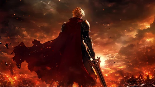 Armored swordsman overlooking burning battlefield at dusk.