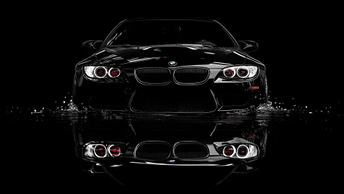 Glossy black sports car charges through water in darkness