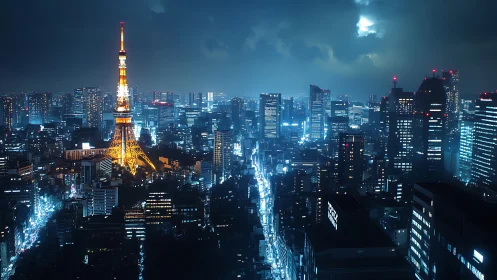 Tokyo tower glows over neon-soaked night skyline panorama.