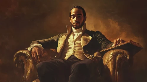 Regal gentleman in leather armchair holding open book.