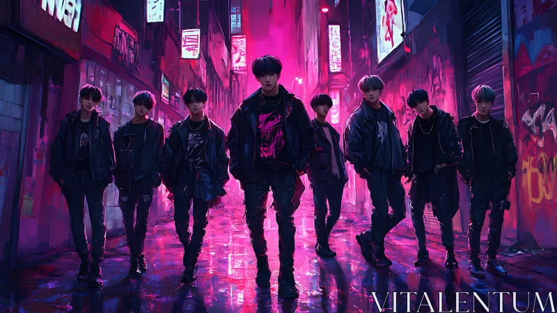 Neon-lit street crew advances through saturated cyberpunk alley