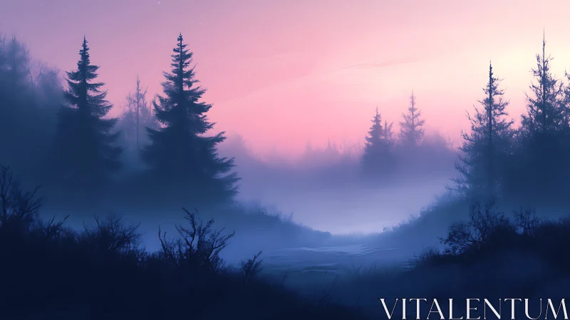 Misty Dawn in the Pine Forest.
