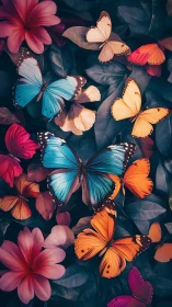 Vivid tropical butterflies drift over florals in stylized macro