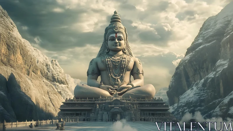 Monumental Shiva statue in snowbound valley temple complex