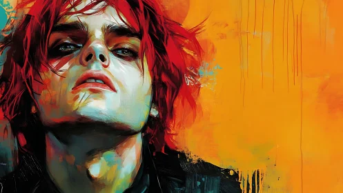 Intense red‑haired portrait against vivid orange wall.