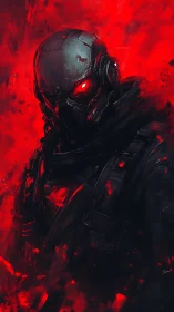 Armored futuristic soldier with glowing red cybernetic eyes.