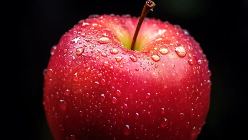 Macro study of dewy red apple with high-contrast lighting.