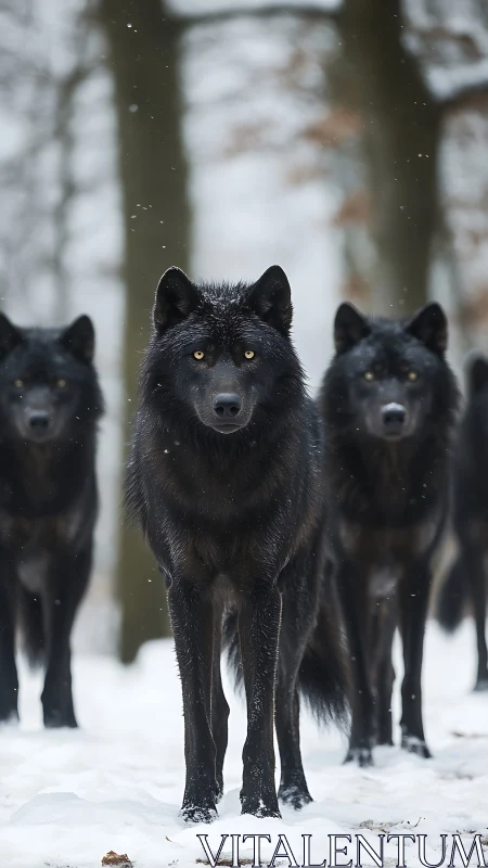 Black wolf pack aligned in frontal formation against snowy forest