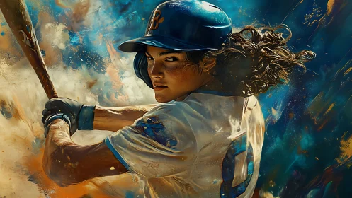 Dynamic softball batter in mid-swing with kinetic paint dispersion