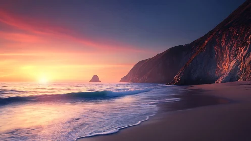 Sunset surf kisses indigo cliffs in a glowing coastal hush