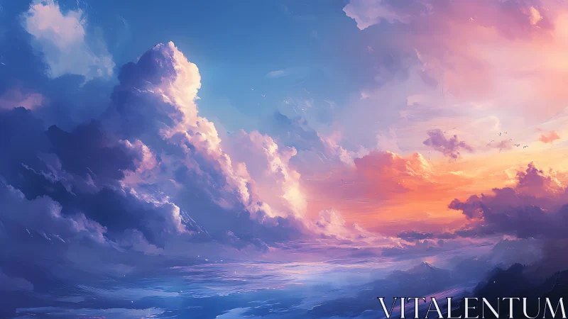 Vast cloudscape spans blue and orange sky over calm water