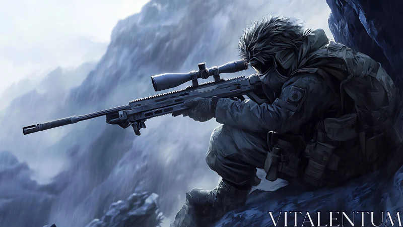 Sniper in Mountain Terrain with Rifle and Scope.