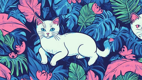 White Cat Among Vibrant Tropical Jungle Foliage