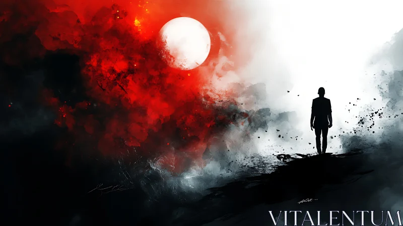 Silhouette walks between red storm and white void sky.