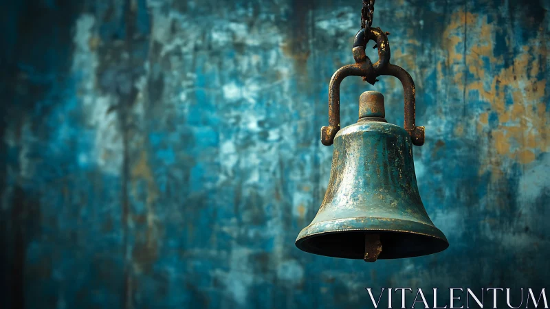 Rustic teal metal bell against mottled textured blue backdrop.