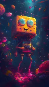 Cheerful spongebot wandering through a neon dream reef.