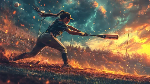 Softball slugger carves a comet trail through molten dusk