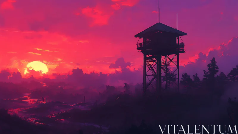 Watchtower silhouette in saturated magenta sunset haze