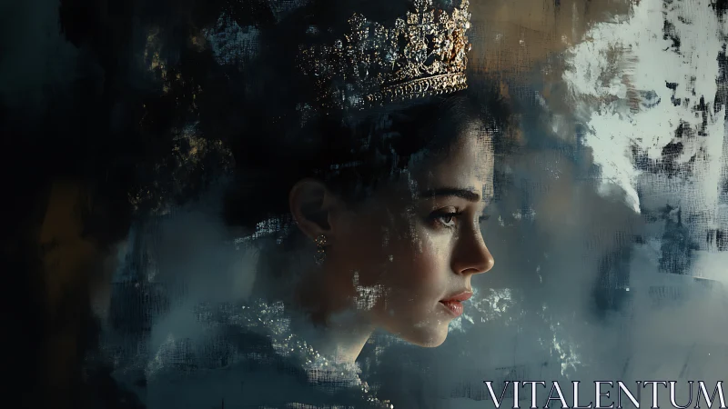 Side-lit crowned portrait merges realism with textured abstraction