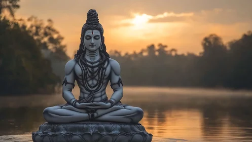 3D meditative deity sculpture over reflective river at dawn.