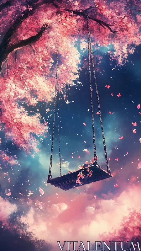 Dreamy cherry blossom swing drifting in a pastel sky.