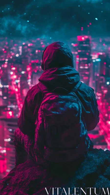 Hooded urban wanderer overlooking neon cyberpunk skyline.
