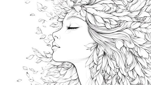 Ink-line botanical portrait with flowing foliated hair profile.