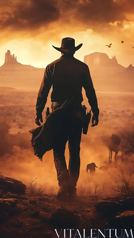Lone cowboy strides through blazing desert sunset haze