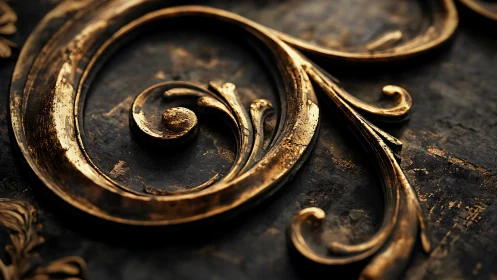 Ornate golden filigree curls against aged dark metal surface.