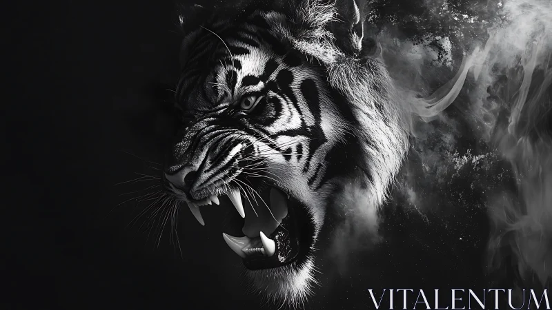 Midnight roar of a smoke‑borne tiger in sharp monochrome.