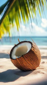 Split coconut shell on sunlit tropical beach with shallow depth