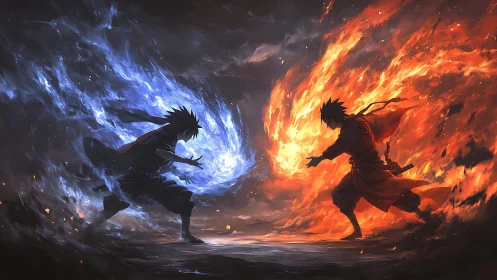 Elemental warriors clash in explosive fire and ice duel.