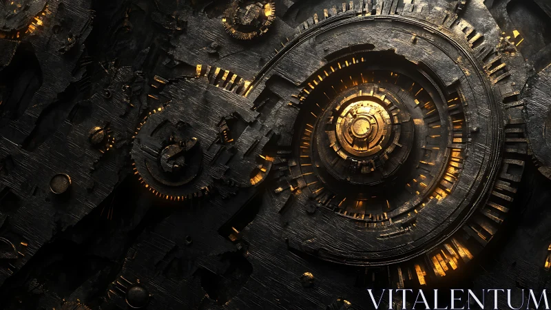 Industrial clockwork rings glow within charred metal field.