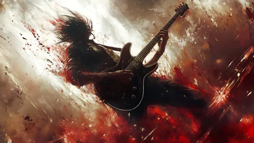 Electric guitarist in explosive red and white abstract scene.