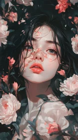 Softly glowing girl among blooming blush pink flowers.