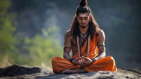 Young ascetic in orange robes meditating outdoors calmly.