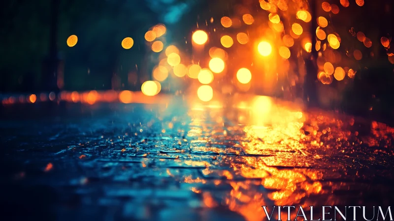 City lights dance on a rainy street of quiet sparks.