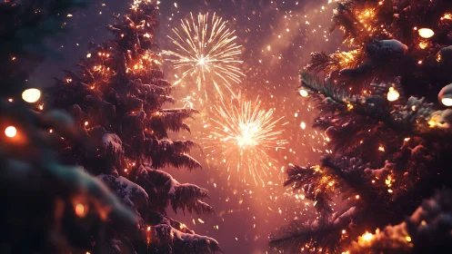 Snow covered fir trees with fireworks in winter night sky.