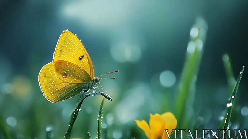 Yellow butterfly on dewy grass in soft morning light.