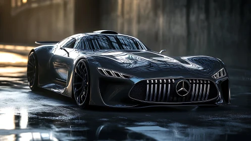 Sleek black supercar glowing with modern elegance and power.
