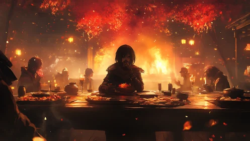 Incandescent banquet before infernal courtyard conflagration.