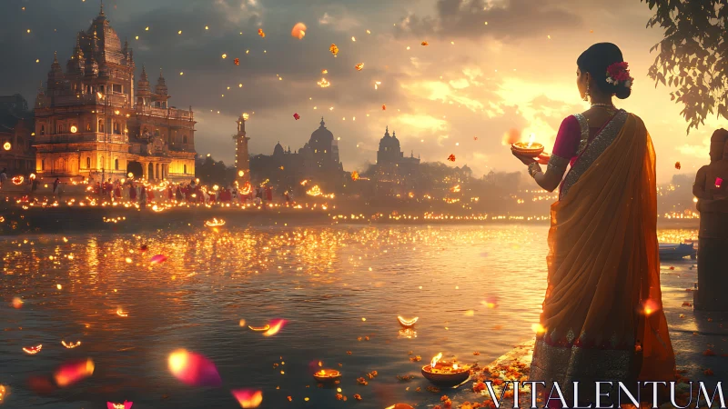 Woman holds diya beside river during golden temple festival