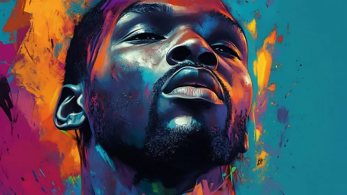 Upward gaze in neon hues, expressive digital portrait study.