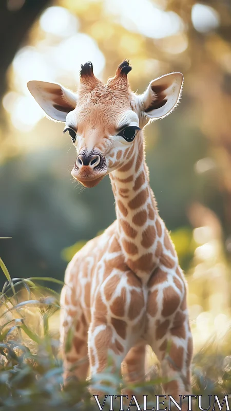 Curious baby giraffe exploring a sunlit grassy meadow.